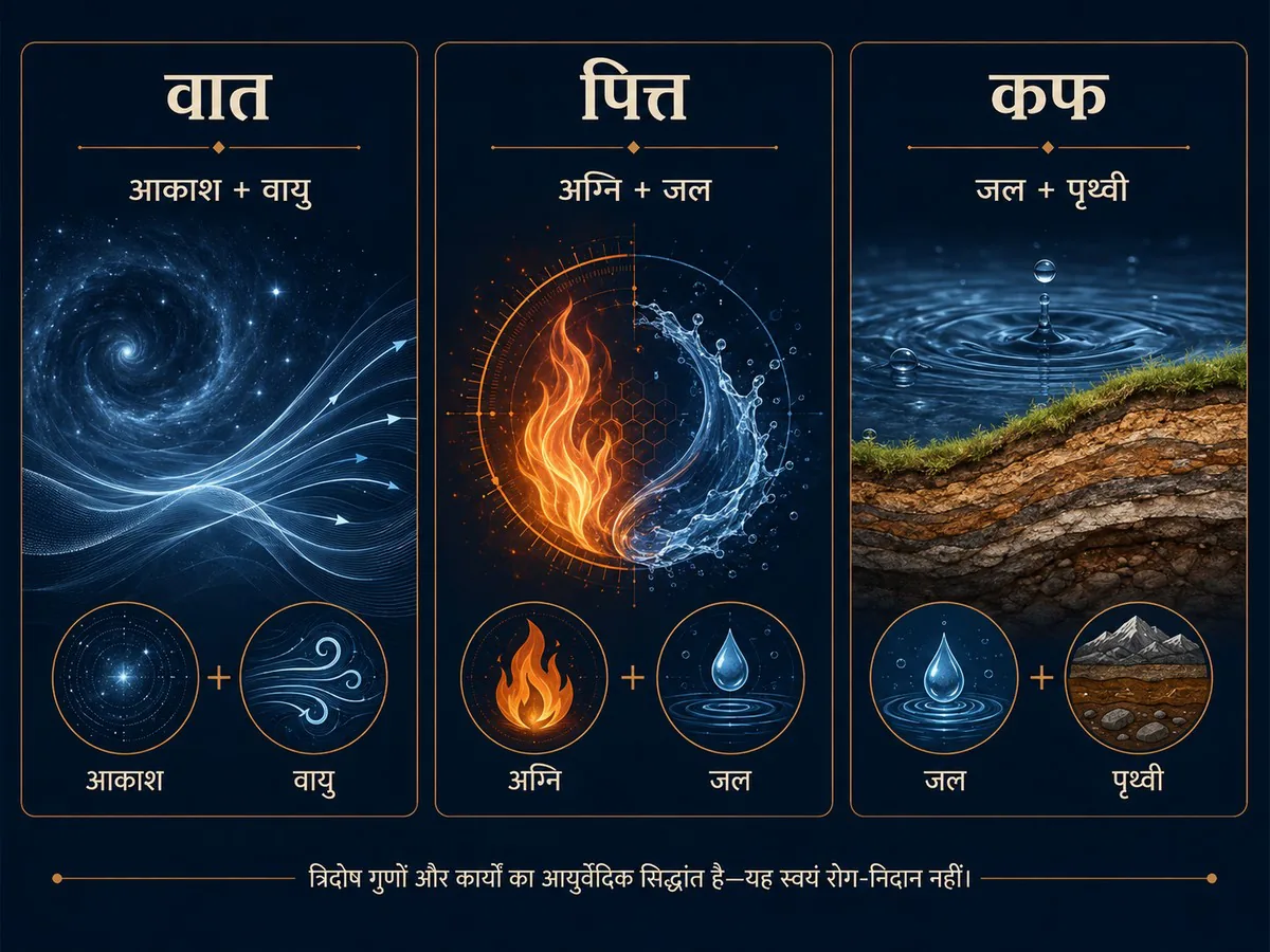 वात पित्त कफ की पंचमहाभूत संरचना का शैक्षिक चित्र