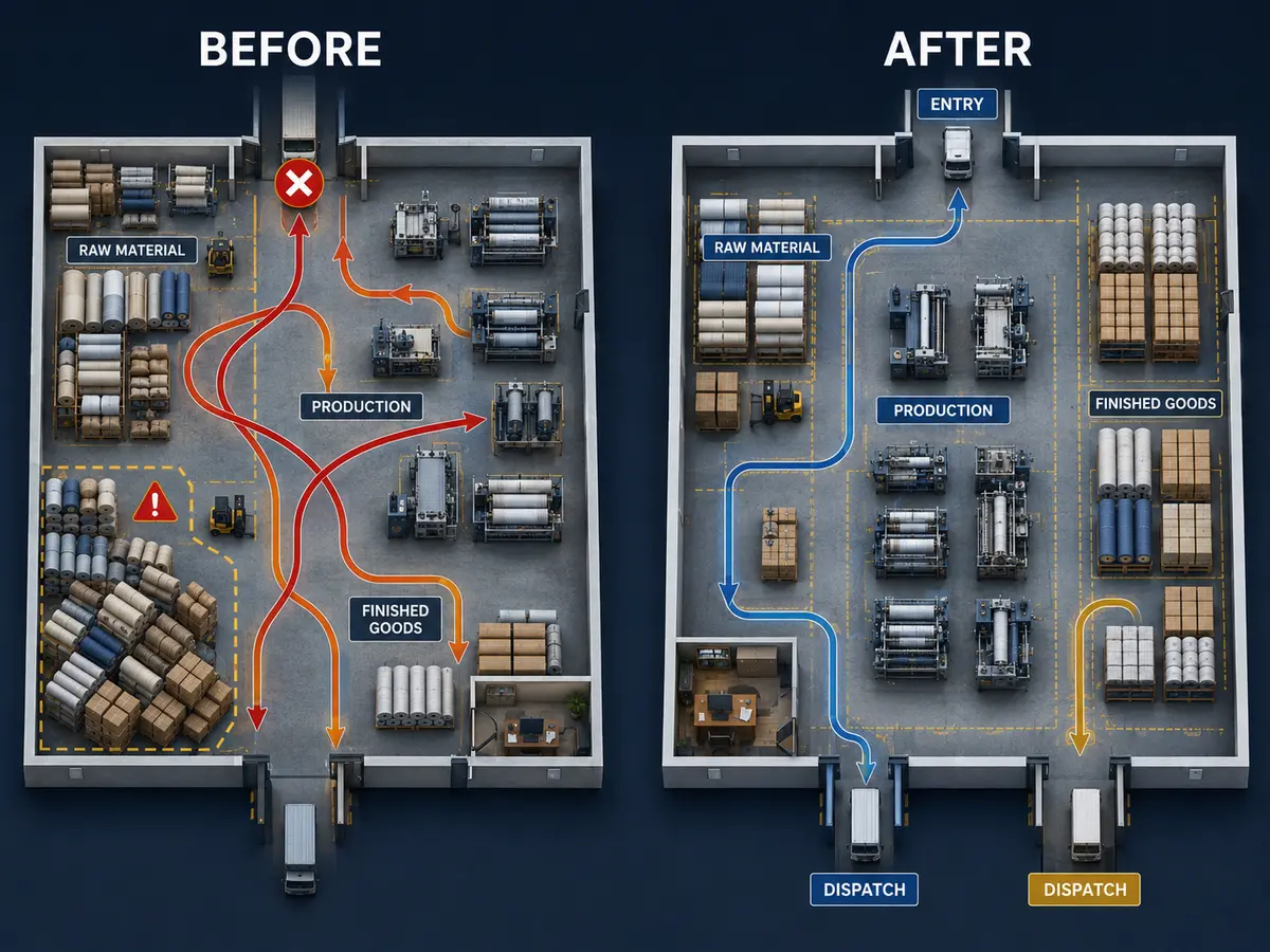 Conceptual factory workflow before and after layout correction