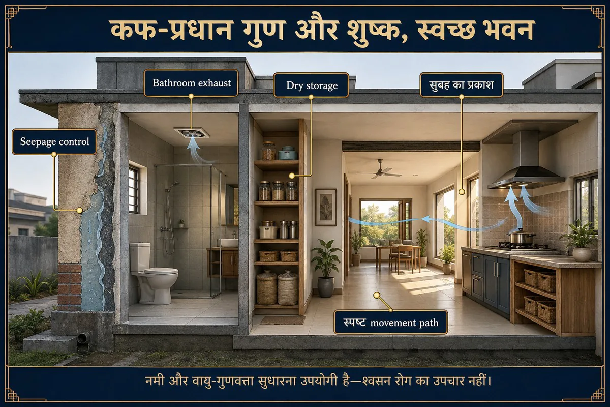 कफ-प्रधान गुणों के संदर्भ में सूखा, स्वच्छ और हवादार भवन