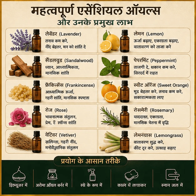 महत्वपूर्ण Essential Oils और उनके प्रमुख लाभ - अरोमा वास्तु गाइड