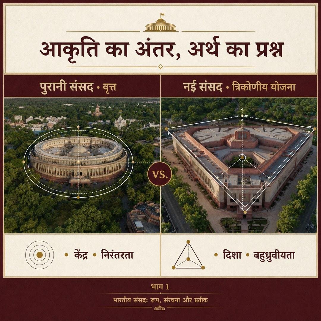 आकृति का अंतर, अर्थ का प्रश्न — बाईं ओर वृत्ताकार पुरानी संसद (केंद्र, निरंतरता), दाईं ओर त्रिकोणीय नई संसद (दिशा, बहुध्रुवीयता)