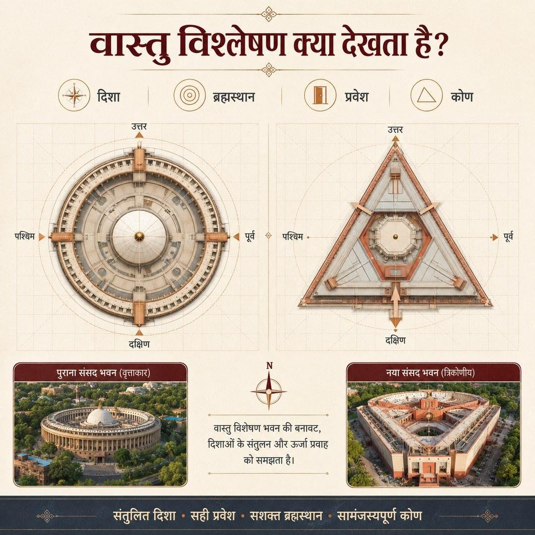 वास्तु विश्लेषण क्या देखता है — दिशा, ब्रह्मस्थान, प्रवेश और कोण; वृत्ताकार तथा त्रिकोणीय योजना पर उत्तर-दक्षिण-पूर्व-पश्चिम अंकित दिशा-चक्र