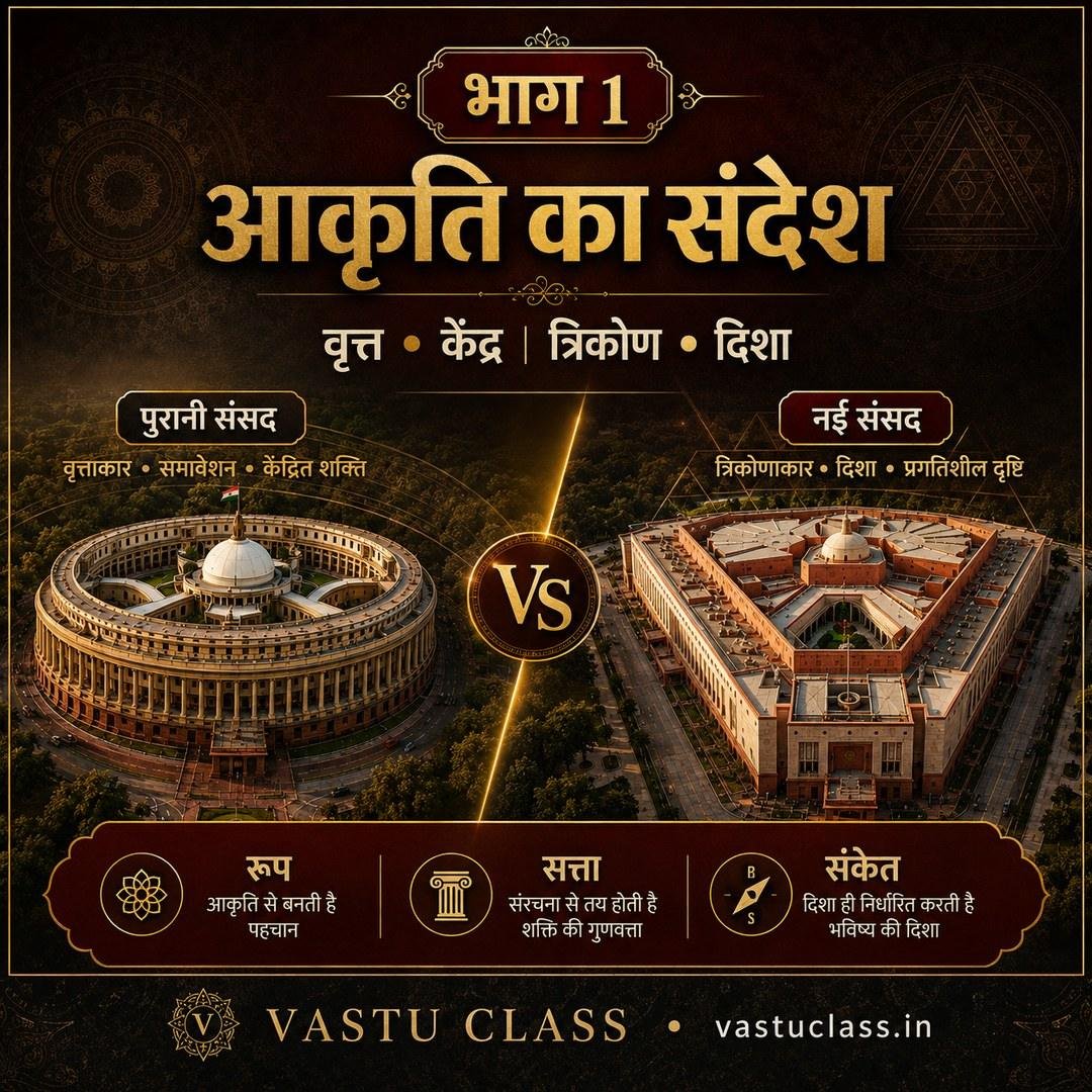 आकृति का संदेश — वृत्त, केंद्र, त्रिकोण और दिशा; पुरानी संसद वृत्ताकार व केंद्रित, नई संसद त्रिकोणाकार व दिशात्मक