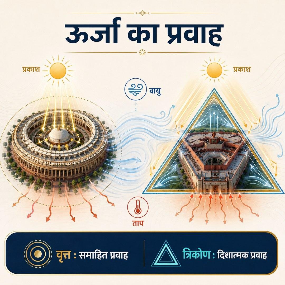 ऊर्जा का प्रवाह — प्रकाश, वायु और ताप के तीरों के साथ वृत्ताकार भवन में समाहित प्रवाह और त्रिकोणीय भवन में दिशात्मक प्रवाह
