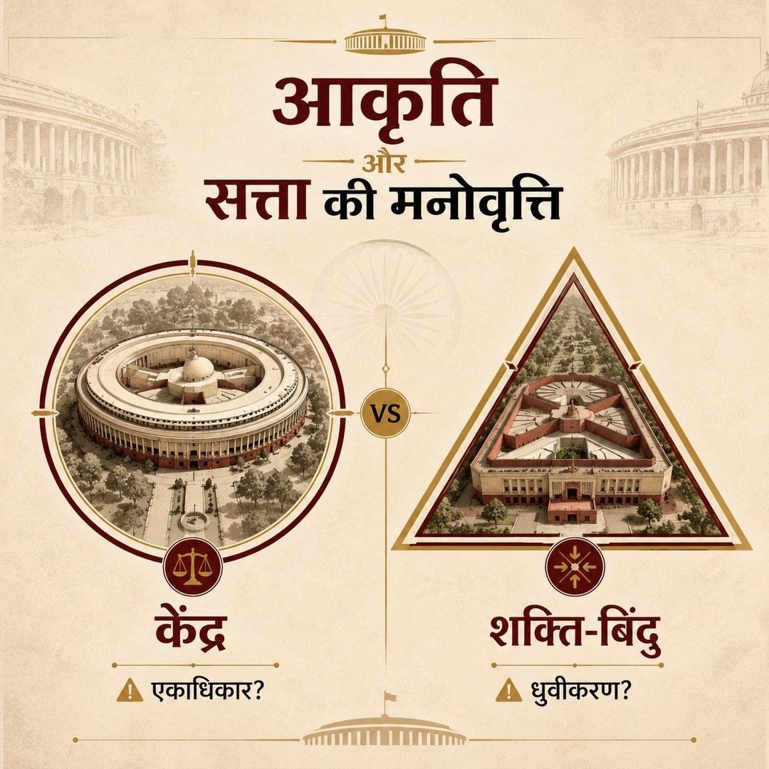 आकृति और सत्ता की मनोवृत्ति — वृत्त के भीतर पुरानी संसद (केंद्र, एकाधिकार?) और त्रिकोण के भीतर नई संसद (शक्ति-बिंदु, ध्रुवीकरण?)