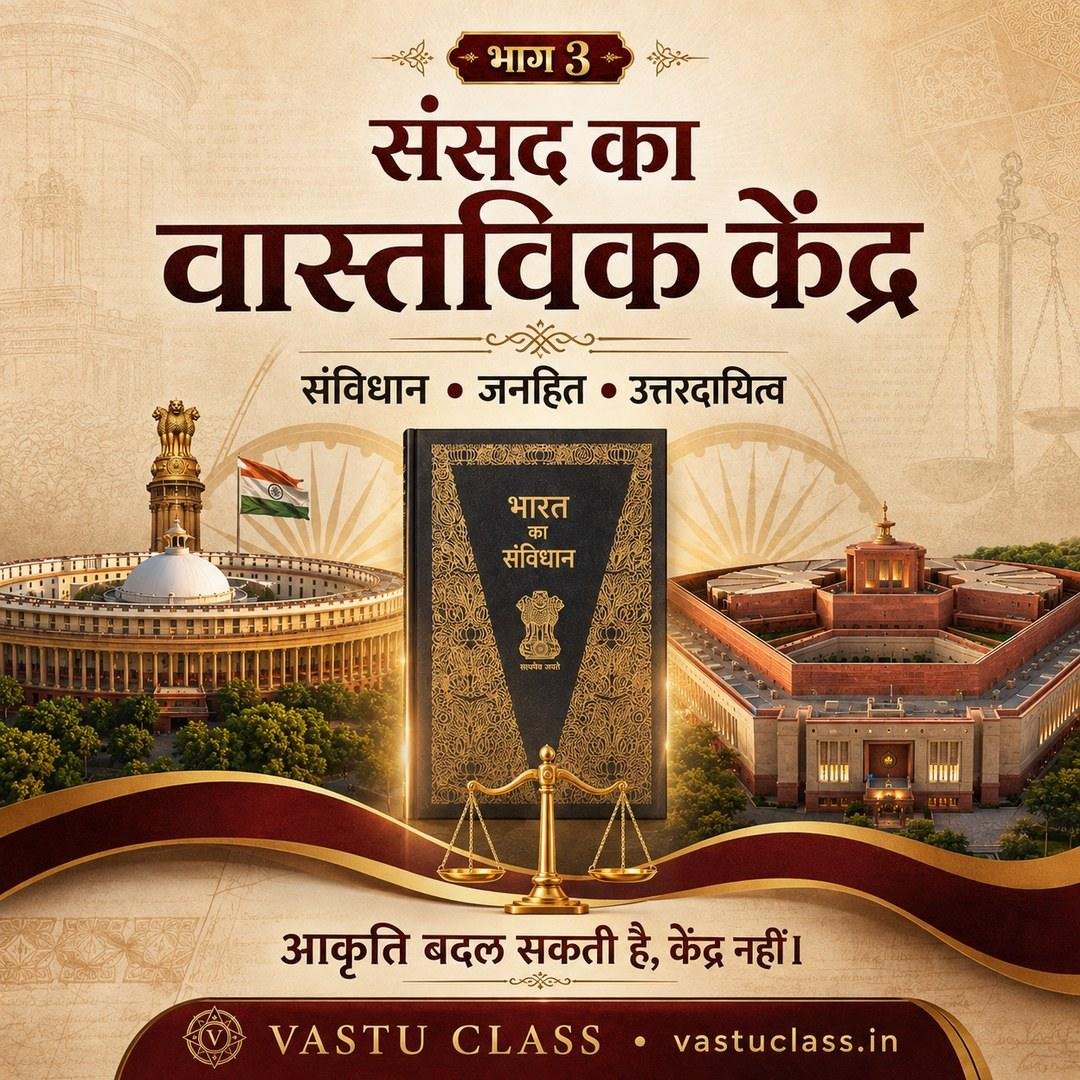 संसद का वास्तविक केंद्र — भारत के संविधान की पुस्तक के साथ दोनों संसद भवन; नीचे लिखा कि आकृति बदल सकती है, केंद्र नहीं