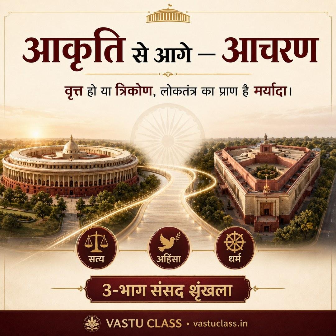 आकृति से आगे — आचरण; सत्य, अहिंसा और धर्म के प्रतीकों के साथ दोनों संसद भवन, यह संदेश कि वृत्त हो या त्रिकोण, लोकतंत्र का प्राण मर्यादा है