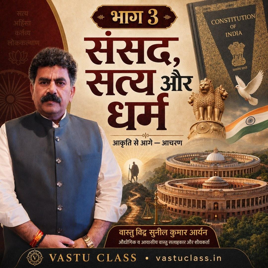 संसद, सत्य और धर्म — संविधान, अशोक स्तंभ और शांति के प्रतीकों के साथ वास्तु विद सुनील कुमार आर्यन