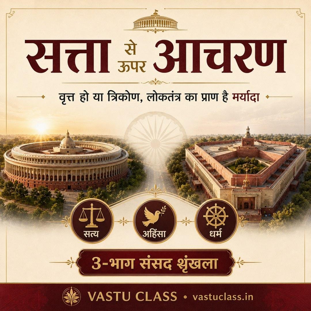 सत्ता से ऊपर आचरण — सत्य, अहिंसा और धर्म के तीन प्रतीक तथा दोनों संसद भवन; तीन-भाग संसद शृंखला