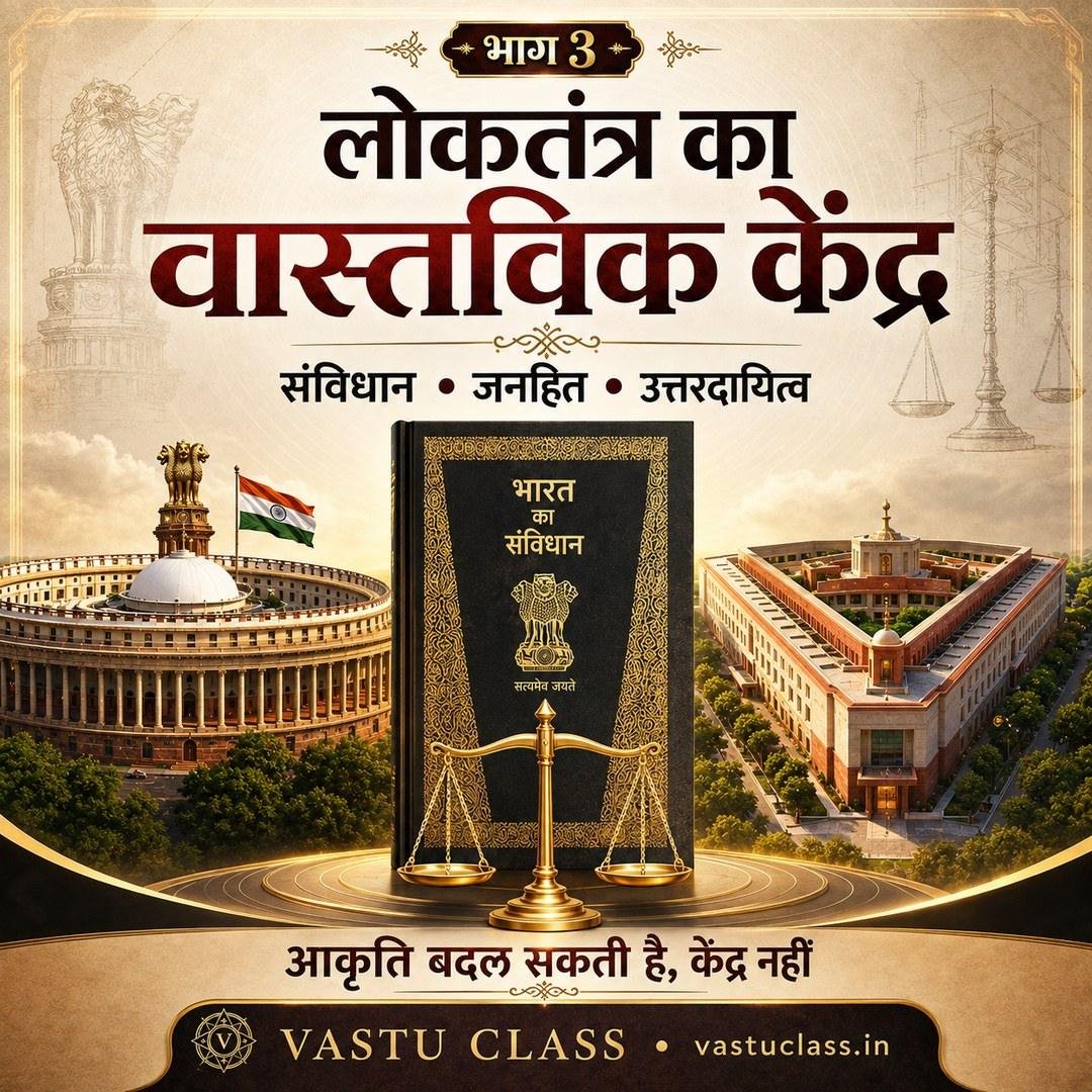 लोकतंत्र का वास्तविक केंद्र — संविधान, तराजू और अशोक स्तंभ के साथ दोनों संसद भवन; आकृति बदल सकती है, केंद्र नहीं