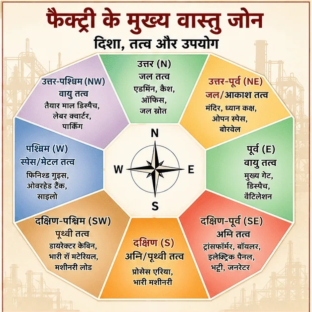 फैक्ट्री वास्तु जोन चार्ट - दिशा और तत्व गाइड