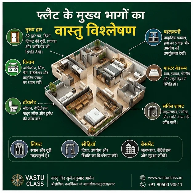 फ्लैट के मुख्य भागों का वास्तु विश्लेषण - मुख्य द्वार किचन टॉयलेट लिफ्ट