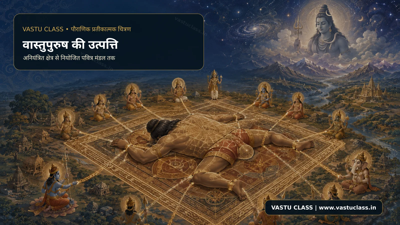 वास्तुपुरुष की पौराणिक उत्पत्ति - अनियंत्रित क्षेत्र से नियोजित वास्तु मंडल तक